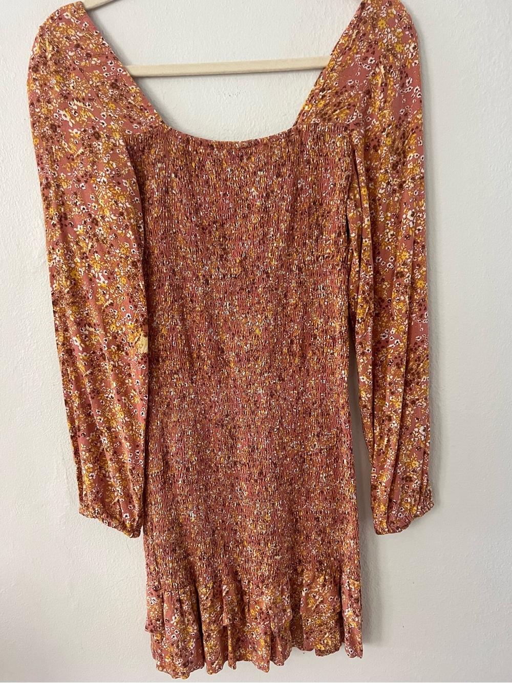 Jessica Simpson Rust Pink Floral Smocked Long Sleeve Mini Dress